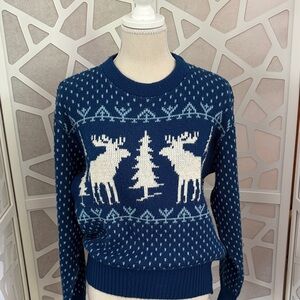 Vintage Blue Reindeer Pattern Sweater